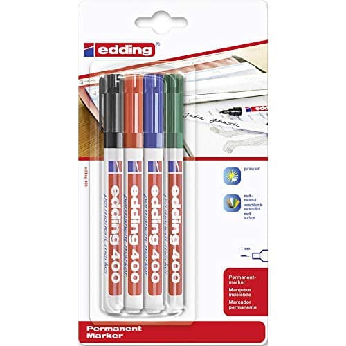 Image of edding 400 permanent marker - black, red, blue, green - 4 pens - fine round tip 1 mm - waterproof, quick-drying, smear-proof pens - for cardboard, plastic, wood, metal, glass and fabric