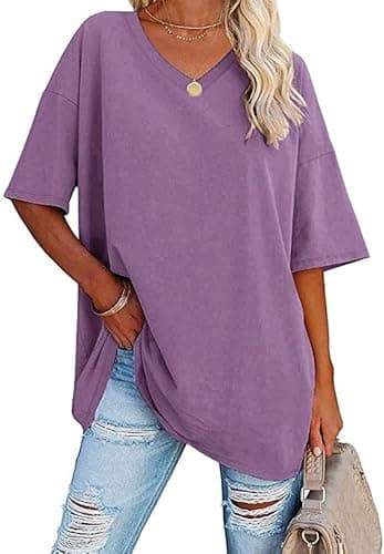 Image of Ebifin Women's Oversized T Shirts Half Sleeve Plain V Neck T Shirt Basic Tees Loose Cotton Tunic Tops.Purple.XL