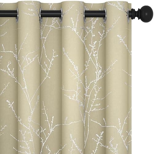 Image of Deconovo Blackout Curtains Eyelet, Silver Tree Branches Printed Curtains for Living Room, Beige, 66 x 90 Inch (Width x Length), 2 Panels