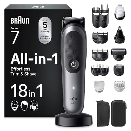 Image of Braun 18-in-1 All-In-One Trimmer, Series 7 Grooming Kit for Men Beard Trimmer, Hair Clipper & Body Groomer with ProBlade, AutoSense, 120 Min Cordless, Waterproof AquaGrip - AIO7585 Grey