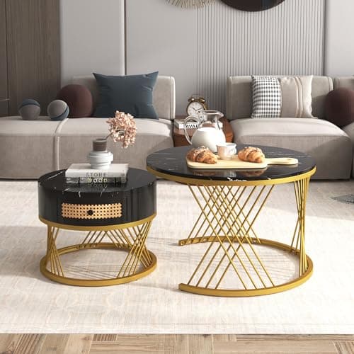 Image of ModernLuxe 2-in-1 Coffee Table, Multi-functional Side Table with Marble Grain Veneer Top, Rattan Drawers, Solid Wood Handles, Gold Coloured Iron Legs, Round Nest of Tables for Living Room, Black