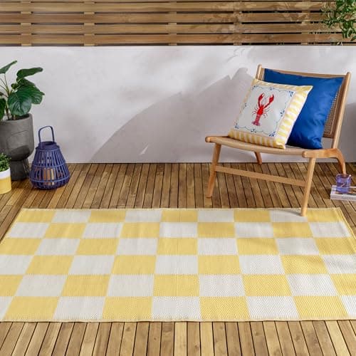 Image of furn. Checkerboard Rug – Recycled Indoor/Outdoor Reversible Checkerboard Weather Resistant Easy Clean Rug (Yellow - 120x180cm)