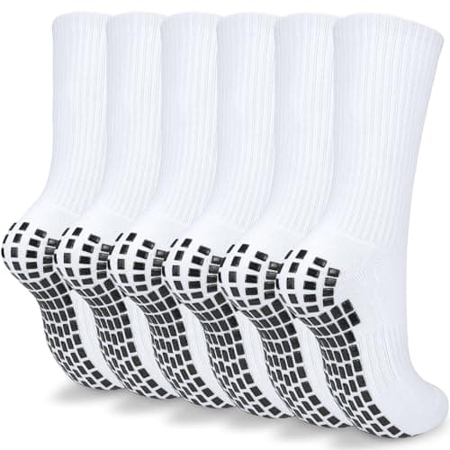 Image of ouhos Mens Black White Non Slip Grip Football Sports Socks 9-12 Anti Blister Cushioned Thick Comfortable Basketball Tennis Trainer Athletic Socks with Rubber Dots for Men 3 Pairs