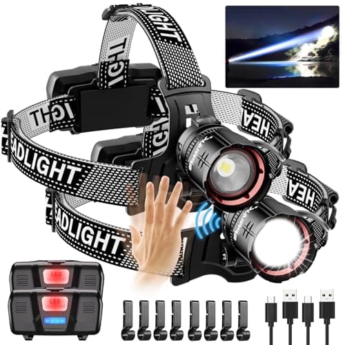 Image of AdamStar Head Torch Rechargeable, 2 Pack Professional Headlamp, 120000LM Super Bright LED Headlight with Red Warning Light 5 Modes, 90° Adjustable Motion Sensor, Zoomable for Camping, Hiking Fishing
