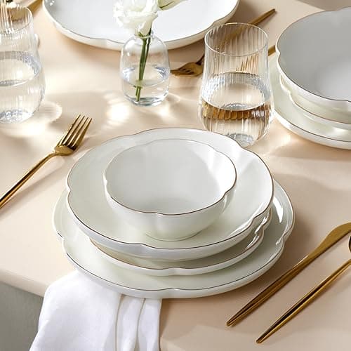 Image of Karaca Flora Modern Plates and Bowls Set - White Dinner Plate Set for 6 People, 24-Piece Dinnerware Sets with Dessert, Side Plates & Pasta Bowls - Gold Detailing
