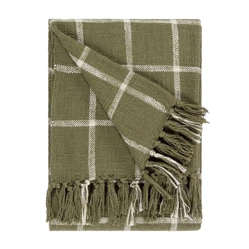 Image of furn. Yard Beni Woven Cotton Tasselled Throw – Textured Check with Double Fringed Trim (Moss/Natural – 130cm x 180cm)