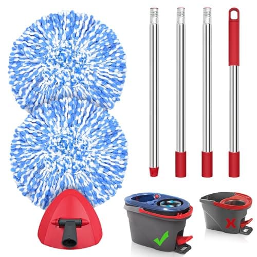 Image of JEHONN Spin Mop Replacement Heads, Base, Handle for Vileda H2Pro Turbo System, Includes 2 Microfiber Refills, 1 Triangle Cover and 148 cm Long Pole for Cleaning Bathroom Kitchen Tile Floor