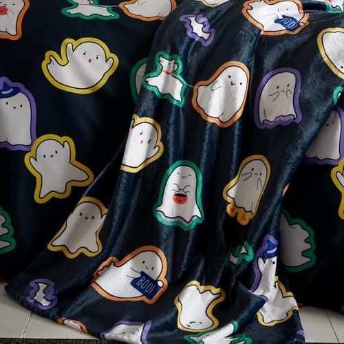 Image of Catherine Lansfield Halloween Ghosts Cosy Fleece 130x170cm Blanket Throw Black