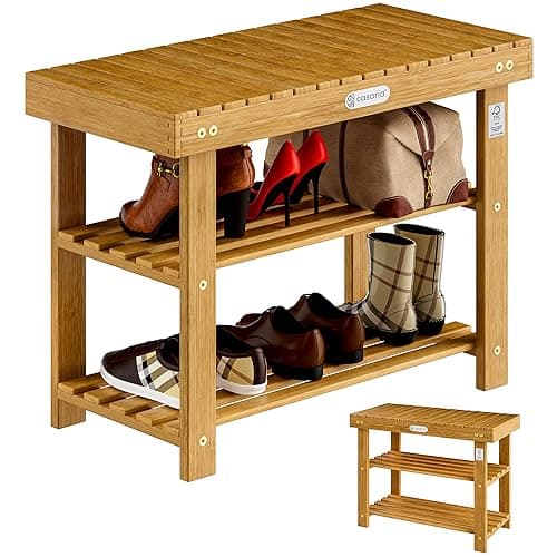 Image of CASARIA® Shoe Rack Bench with Seat | 70x46x30cm | 200kg Load Capacity | 3 Shelf Levels | Solid FSC®-Certified Acacia Wood | Hallway | Bathroom | Kitchen | Bench | Wooden | Brown