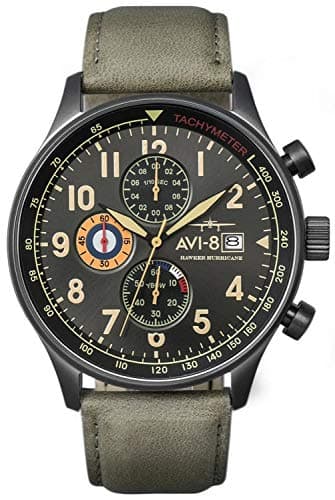 Image of AVI-8 Men's AV-4011 Hawker Hurricane Analog Display Japanese Quartz Watch with Leather Band, Gun Metal/Army Green, 42 mm, Chronograph,Quartz Movement