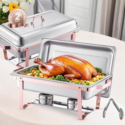 Image of VEVOR Chafing Dish Buffet Set, 8 Qt 2 Pack, Stainless Steel Chafer with 2 Full Size Pans, Rectangle Catering Warmer Server with Lid Water Pan Stand Fuel Holder, for Wedding Party Banquet, Rose Gold