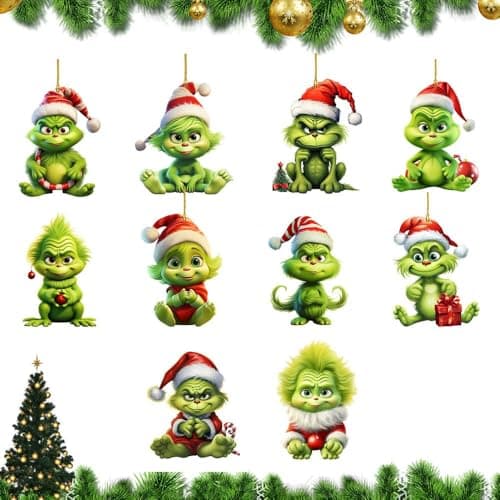 Image of Christmas Tree Ornaments 10Pcs G-rinch Acrylic Hanging Pendants Cute Cartoon Christmas Ornament Funny Christmas Tree Decor Party Gifts for Home Holiday(10 PCS)