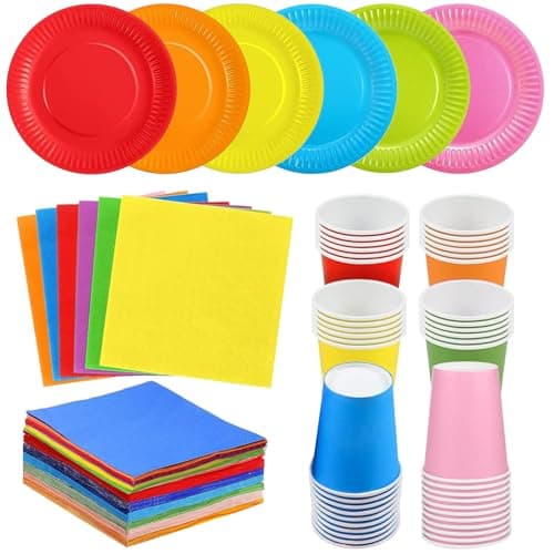 Image of 90 Pack Colorful Party Paper Plates Cups Napkins, Rainbow Party Tableware Set Multicolor Dinner Plates Luncheon Cocktail Napkins 250ml Paper Cups for DIY Birthday Holiday