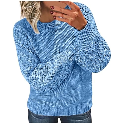 Image of RLEHJN Winter Jumpers for Women UK Clearance Chunky Knit Jumpers Plain Knitted Jumpers Ribbed Cuffs Long Sleeve Pullover Tops Solid Color Crew Neck Knitwear Ladies Jumpers 8-22 Light Blue