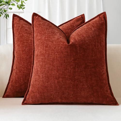 Image of Sungeek Set of 2 Soft Chenille Cushion Covers 50x50cm Square Decorative Throw Pillow Covers with Stitched Edge Solid Dyed Pillow Cases Covers for Home Decor Couch Sofa Bed Living Room, Rust