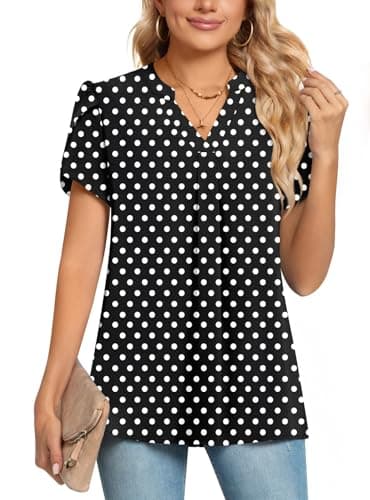 Image of POPYOUNG Womens Summer Casual Chiffon Petal Sleeves Office Blouses V Neck Business Tops Work Shirts M,Polka dot Black