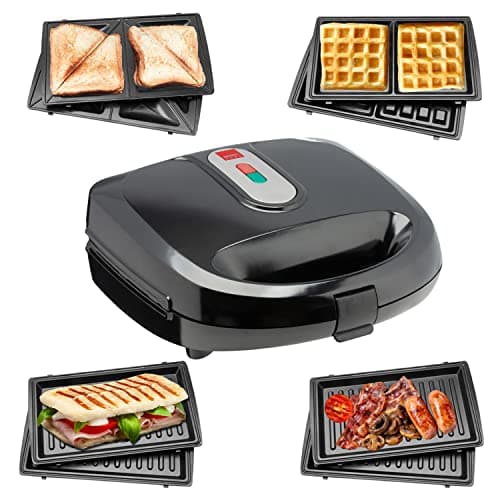 Image of Sensio Home Multi Functional 3 in 1 Waffle Iron, Deep Fill Sandwich Toaster, Panini Press or Grill Snack Maker Machine Interchangeable Non Stick Easy Clean Plates Secure Lock Plus Ready & Power Lights