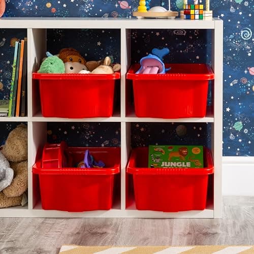 Image of Wham Stack & Store 4 x 16L Plastic Storage Boxes | Ideal for Toys, Classrooms & Playrooms | Stackable & Nestable | Integrated Handles | Made in UK - Red