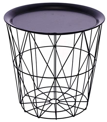 Image of Black Geometric Iron Metal Wire Round Tray Top Storage Side Table Basket
