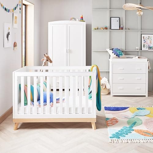 Image of Babymore Mona 3 Piece Nursery Room Set White - 1 Baby Cot Bed & One 2 Door Wardrobe Having Full Size Drawer & 1 Chest Changer, Chest Of Drawer Storage Cabinet With Removable Changer Top | 3 Piece Set