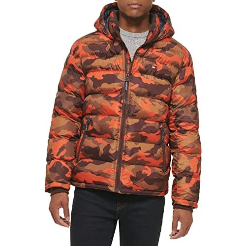 Image of Tommy Hilfiger Men's Hooded Puffer Jacket, Orange Camo, S