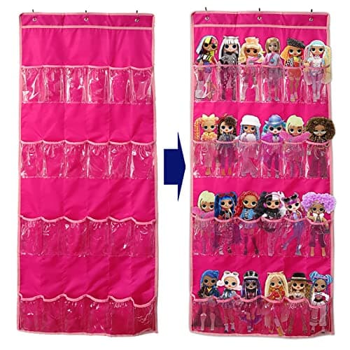 Image of DUOLAM Hanging Over Door Toy Storage Organizer (24 Pockets), Compatible with LOL OMG Dolls Surprise Doll (Toys Not Included), (57.5''x22'') (pink)
