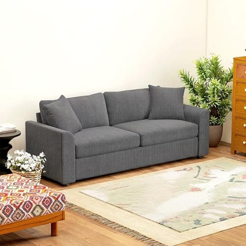 Image of HOMCOM Modern 3 Seater Sofa with Spring Cushion, 212 cm Fabric Jumbo Cord Sofa Couch with 2 Scatter Cushions, Upholstered Corduroy Settee for Living Room, Bedroom, Home Office, Grey