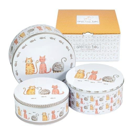 Image of SPOTTED DOG GIFT COMPANY Cake Tin Storage Set of 3, Round Nesting Cake Tins for Storing Cakes & Biscuits, Stackable Airtight Biscuit Containers, Cute Cat Themed Gifts, Large Medium Small