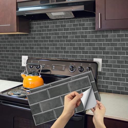 Image of BUYBLIFE Grey Kitchen Tile Stickers, 12PCS Brick Bathroom Self Adhesive Peel and Stick Wall Stickers Vinyl Splashback Wall Stick on Tiles for Home Decor 15x30 cm