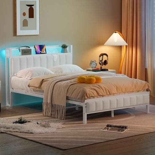 Image of BORPHOM Double Bed Frame with Storage Upholstered Headboard,LED Lights,4ft6 Heavy Duty Metal Bed Frame Double Beds with Charging Station,No Box Spring Needed,Strong Steel Slats Support,White Velvet