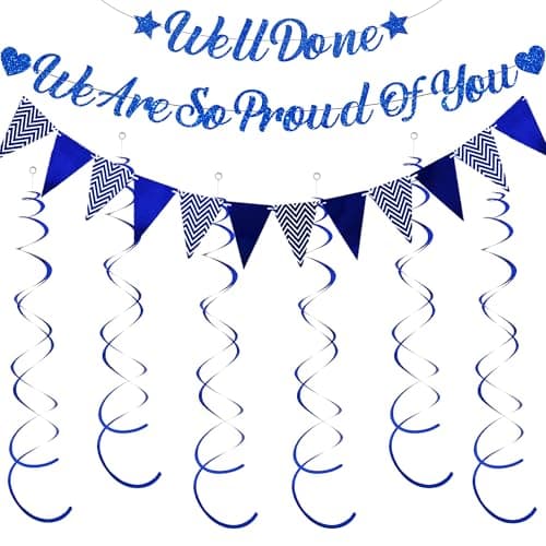 Image of Graduation Decorations Congratulations Banner 2026 - We Are So Proud of You Party Supplies Blue Well Done Banners, Double Spiral Streamers Bunting Decoration for Grad Retirement Party Decor
