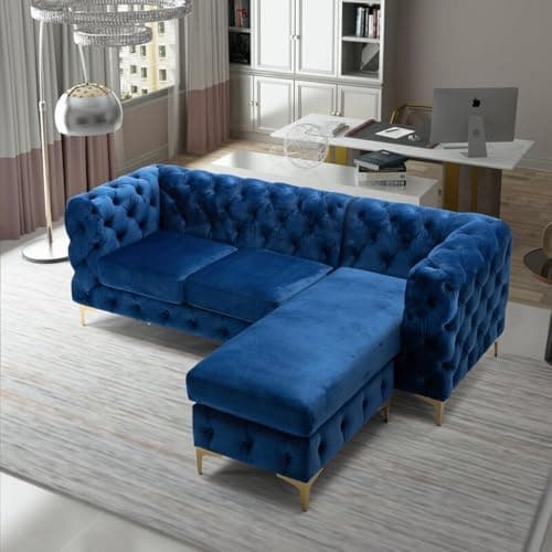 Image of Snooze Chesterfield 3 Seater Sofa with Chaise Lounge – L Shape Right/Left Hand Corner Sofa – Deep Button Tufted Design with Gold Metal Legs – Couch for Living Room (Royal Blue, Right Hand Chaise)