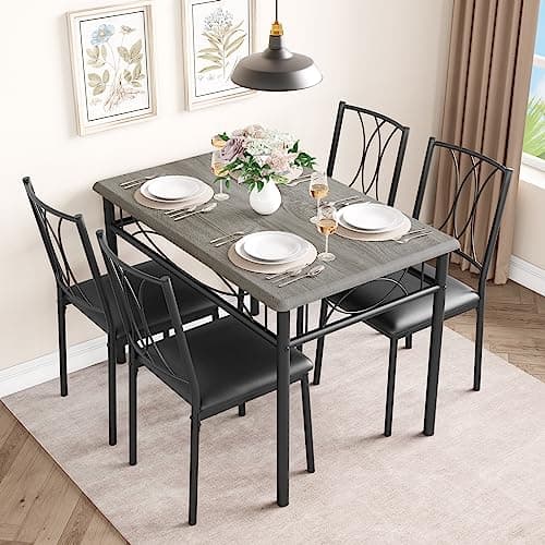 Image of Crevyteg 5-Piece Wood Dining Table Set for 4, Rectangular Kitchen Table Set with 4 Upholstered Chairs, Space-Saving Metal & Wood Dining Table Set for Apartment, Studio, Kitchen, Small Space, Gary