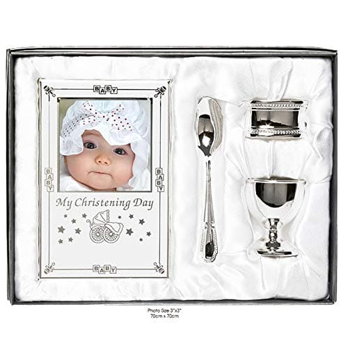 Image of Beautiful Boxed Silver Plated Christening Day Gift Set - 4-Piece, Includes Egg Cup, Spoon, Baby Photo frame, Napkin Ring in Presentation Gift Box.