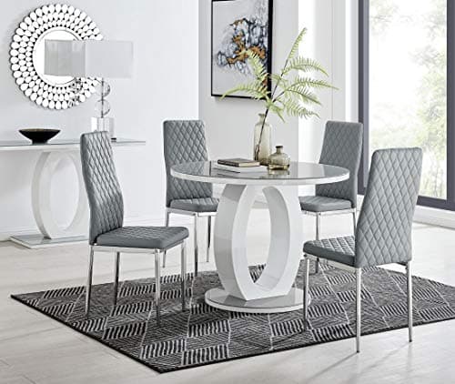 Image of Furniturebox UK Dining Room Set - Giovani Round Dining Table and Chairs Set Of 4 - Contemporary High Gloss and Glass Table with Exquisite Milan Chairs (Dining Table + 4 Grey Milan Chairs)