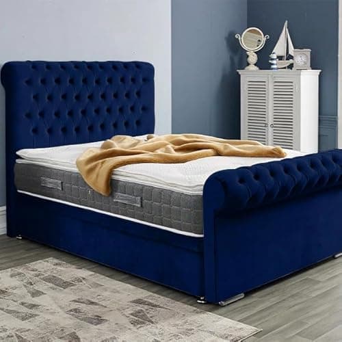 Image of 3FT Single Chesterfield Sleigh Bed Frame With Mattress And Headboard Upholstered In Plush Velvet Blue Bed Wooden Slats- No Storage (Blue, 3FT Single Frame With Mattress)