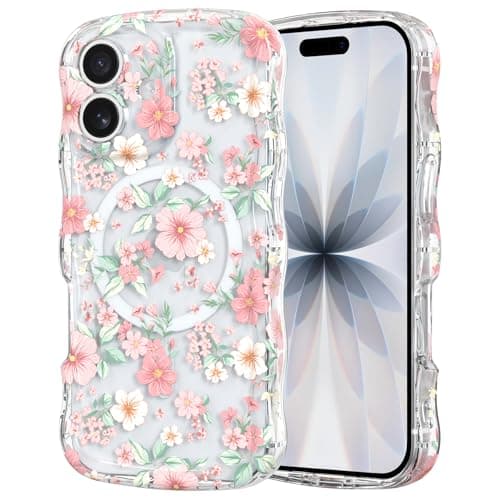 Image of RALEAVO Magnetic Case for iPhone 16 Plus, Compatible with Magsafe Flower Cute Wavy Phone Case, Girls Women Curly Floral Cover Shockproof Hard PC Protective Cover for iPhone 16 Plus-Pink Flower