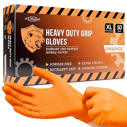 Image of JFA Medical Disposable Heavy Duty Mechanic Powder Free Latex Free Orange Diamond Grip Nitrile Gloves - Box of 50 (Extra Large)
