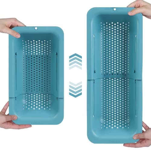 Image of BLUE GINKGO Over the Sink Colander Strainer Basket - Wash Vegetables and Fruits, Drain Cooked Pasta - Extendable - Kitchen Essentials (7.9 W x 14.5-19.5 L x 2.75 H) - Teal