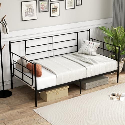 Image of COSTWAY Single Day Bed, 3FT Metal Bed Frame Guest Sofa Bed with 28cm Underbed Storage Space, Home Living Room Bedroom Steel Slat Support Platform Daybed Fits for 90x190cm Mattress, Black