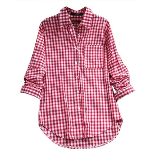 Image of Womens Plaid Shirt Oversized Button Down Shirts Casual Lapel Collar Long Sleeve Blouse Vintage Boyfriend Long Checked Shirts Basic Loose Check Blouses Top with Pocket(Red,M)