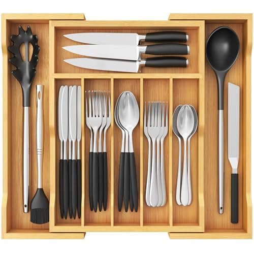 Image of Lifewit Cutlery Drawer Organiser, Extendable Cutlery Tray for Kitchen Drawers Insert, Wood Utensil Holder Adjustable Storage for Spoons Forks Knives, 33-57x38cm, Natural