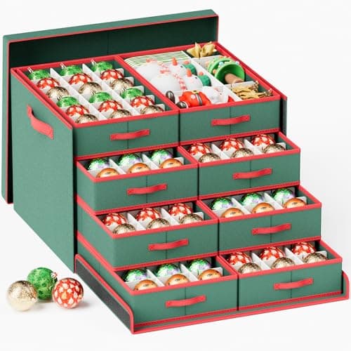 Image of Mutool Christmas Bauble Storage Box With Dividers, 144 Compartment Xmas Ornament Storage Container with 8 Removable Tray, Large Christmas Storage Bins,Perfect for Holiday Decorations (Green)