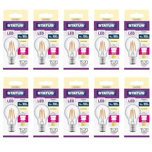 Image of Status LED GLS Light Bulbs, 11W Cool White 4000K Clear Finish, 100W Filament Equivalent Bayonet Cap B22 Lighting for Home or Office, Pack of 10 (11SFGCB22C1B10)
