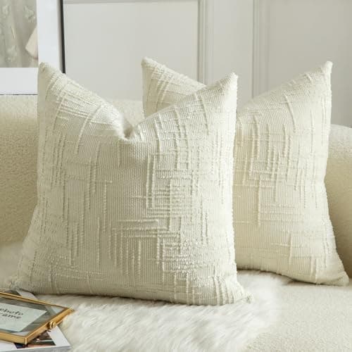 Image of Mandioo Pack of 2 Solid Decorative Soft Chenille Cream White Cushion Covers 55x55cm 22x22 Inch Lumbar Accent Solid Throw Pillow Case Soft Cozy Luxury Pillow Covers for Sofa Couch Bedroom