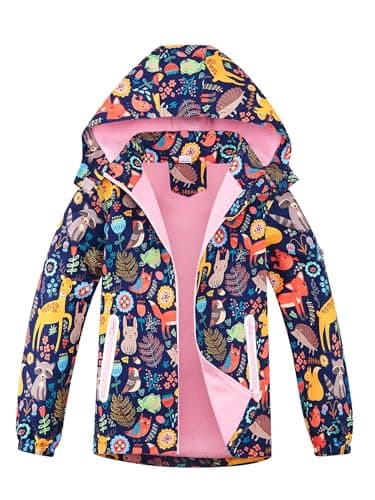 Image of NATUST Girls Fleece Lined Raincoat Waterproof Jackets with Removable Hood Kids Active Jacket Animal Print 9-10 Years
