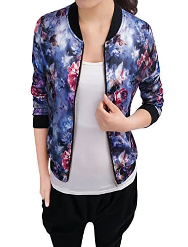 Image of Allegra K Women's Stand Collar Lightweight Zip Up Floral Bomber Jacket Blue L