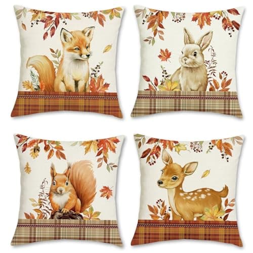 Image of Bonhause Animals Cushion Covers 45 x 45 cm Fox Deer Squirrel Rabbit Decorative Pillow Covers Polyester Linen Pillowcases for Sofa Bed Home Garden Outdoor Decor Set of 4
