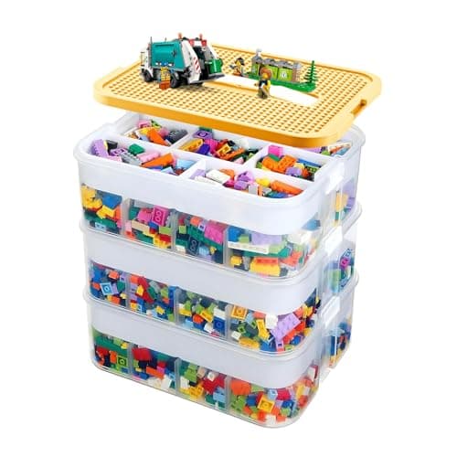 Image of BREEZENEST 3-Tier Lego Organiser with Lids Stackable Lego Storage Box with Adjustable Compartments White Minimalist Design for Building Bricks, 33x33x34cm (Yellow)