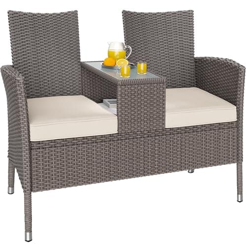 Image of CASARIA® 2-Seater Polyrattan Garden Bench Including Table And Cushions | 143x55x88cm | 320kg Capacity | Weatherproof Loveseat Patio Balcony Furniture | Outdoor Cinema Seat | Cream